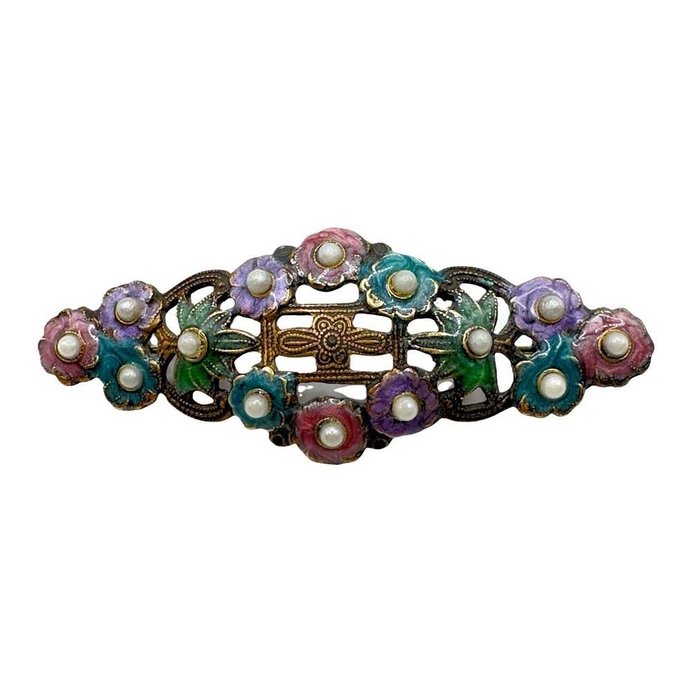 Vintage Czech Bohemian Enamel Floral Brooch Seed Pearl Art Nouveau Deco Pin 2.5"